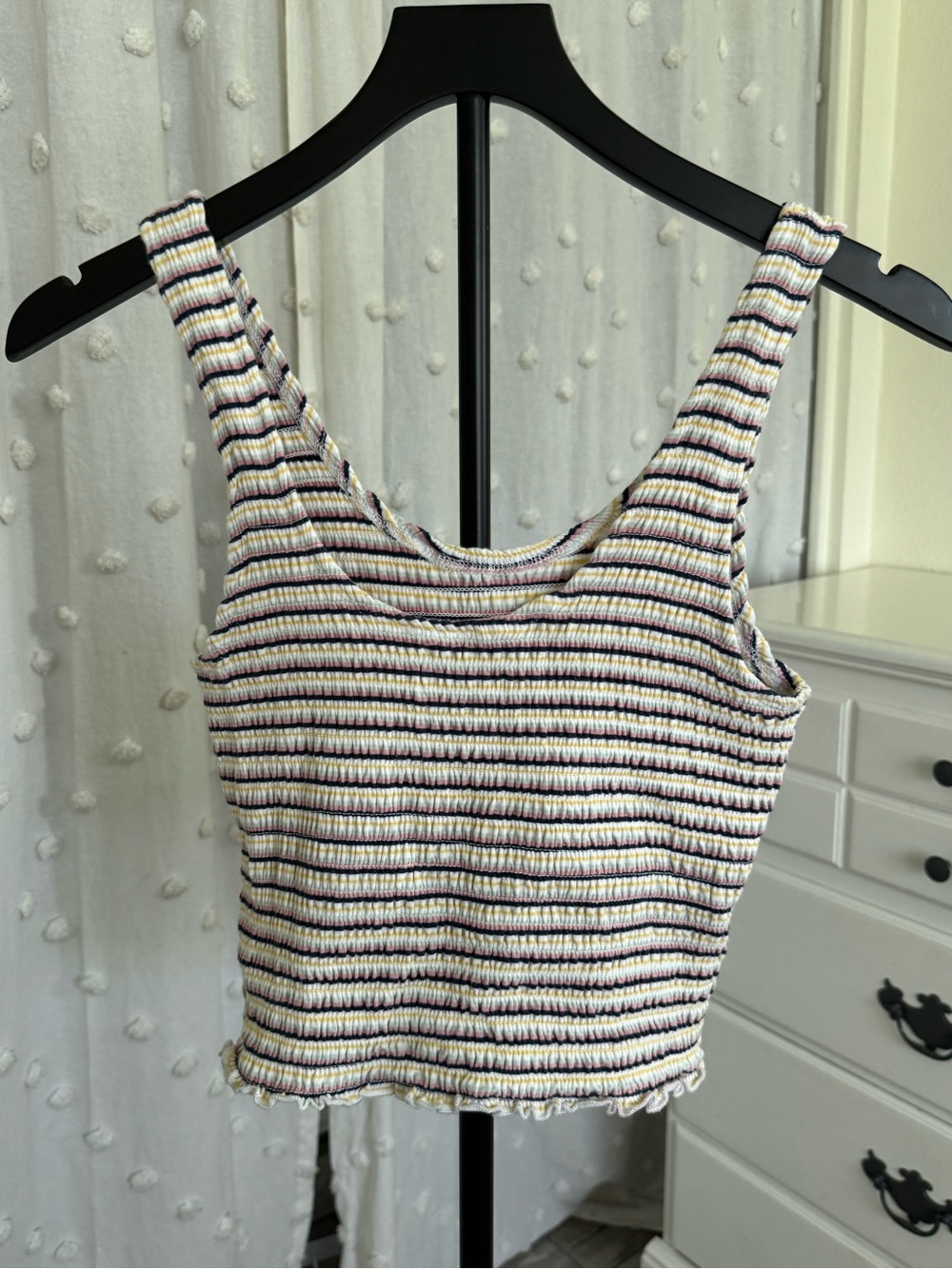 Hollister Striped Smocked Crop Tank in White, Navy & Lavender